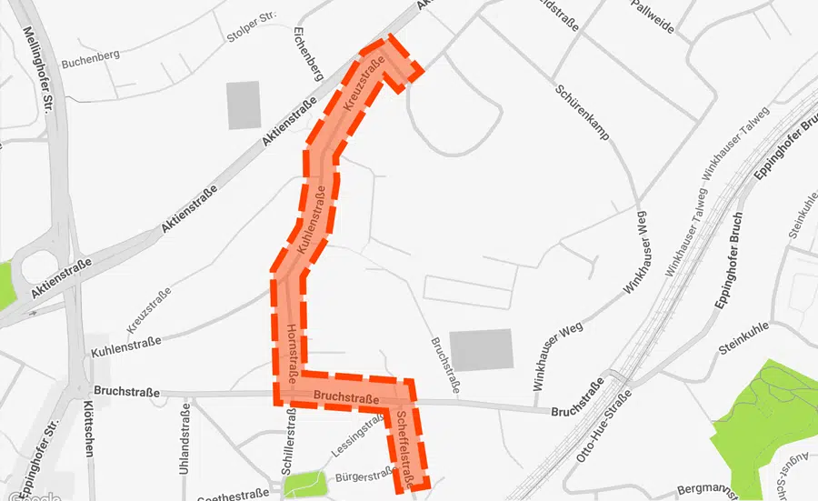 Karte des Dichterviertels in Mülheim an der Ruhr mit orange markierten Straßenabschnitten, in denen derzeit die zweite Phase des Fernwärmeausbaus stattfindet.