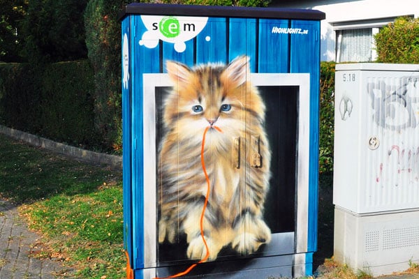 Ein bemalter Schaltschrank mit einer künstlerischen Darstellung einer Katze, die in einem Fensterrahmen sitzt und einen orangefarbenen Faden im Maul hat