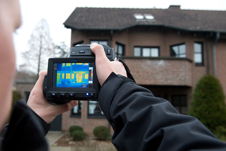 Kamera mit Thermografiebild eines Gebäudes