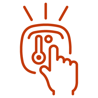 Rotes Linien-Icon mit Hand, die auf ein abstraktes digitales Thermostat tippt.