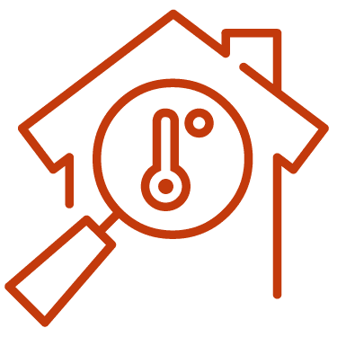 Rotes Linien-Icon mit Hausumriss, darin eine Lupe, die ein stilisiertes Symbol aus Linie und Kreisen, das ein Thermometer darstellen soll vergrößert.