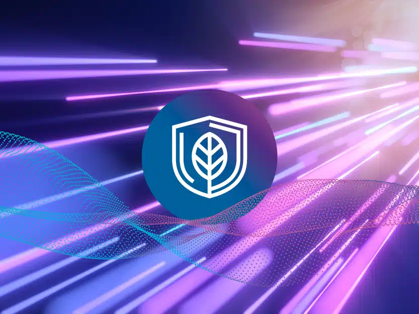 Abstrakte Lichtstreifen und Schild-Icon mit Blatt symbolisieren den nachhaltigen Klimaschutz durch medl GigaGlasfaser.