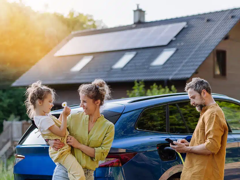 Kleinfamilie steht lächelnd in der Einfahrt ihres Einfamilienhaus mit Solardach, während ihr Elektroauto lädt – Symbol für die Wertsteigerung durch die Möglichkeit, zu Hause zu laden.