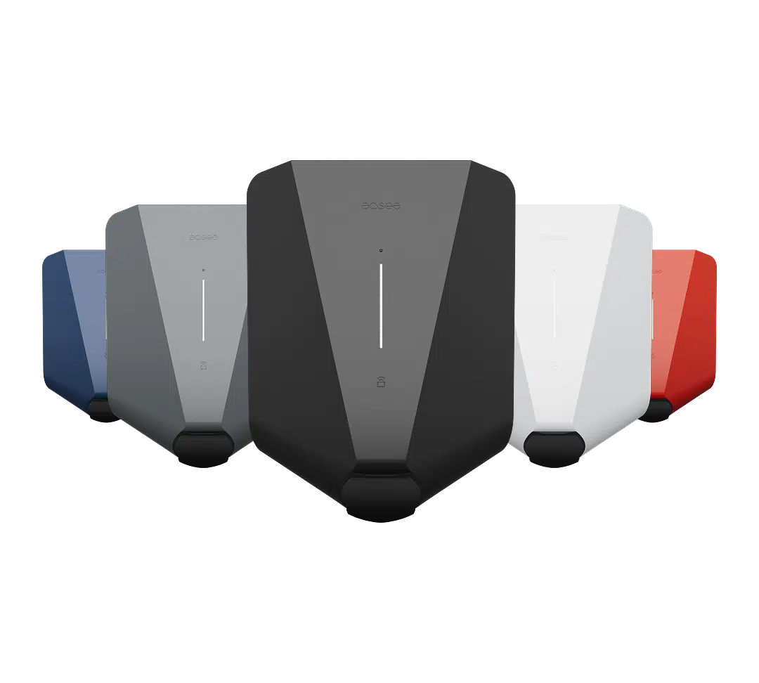 Abbildung aller 5 Farbvarianten der Easee Wallboxen, den von medl angebotenen Produkten für das Laden zu Hause