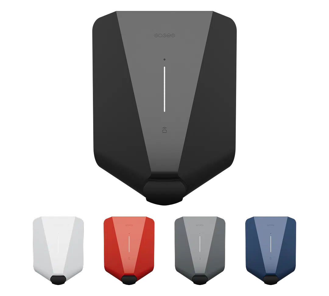 Abbildung aller 5 Farbvarianten der Easee Wallboxen, den von medl angebotenen Produkten für das Laden zu Hause