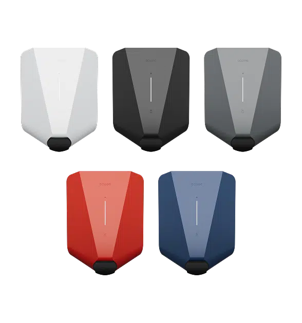 Abbildung aller 5 Farbvarianten der Easee Wallboxen, den von medl angebotenen Produkten für das Laden zu Hause