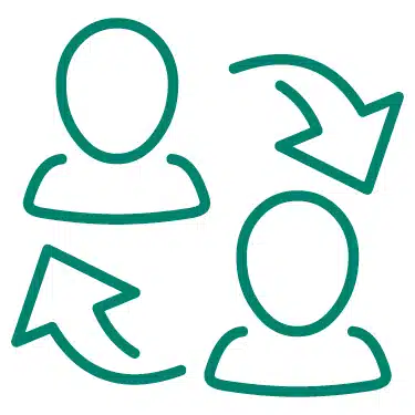 Ikonografische Personen in Grün-blau mit zwei Pfeilen in die jeweilige Richtung, Symbol für die kostenlose Beratung für das Zuhause laden im Eigenheim