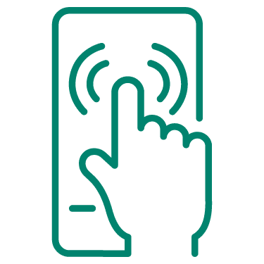 Zuhause Laden im Eigenheim: Ikonografisches Mobiltelefon mit einer Hand, dessen ausgestreckter Index-Finger in Grün-blau das Display bedient, Symbol für die smarte Kontrolle beim Laden Zuhause im Eigenheim