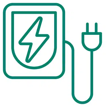 Zuhause Laden im Eigenheim: Ikonografische Wallbox mit Stecker in Grün-blau, Symbol für Planung, Materialbeschaffung und Einbau der Ladeinfrastruktur