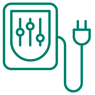 Zuhause Laden im Eigenheim: Ikonografische Wallbox mit Schalthebeln in der Mitte und Stecker in Grün-blau, Symbol für die automatisierte Steuerung durch die Wallbox-Software beim Zuhause Laden im Eigenheim