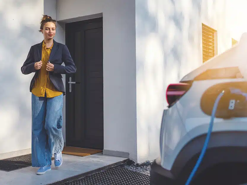 Frau verlässt morgens ihr Einfamilienhaus, während ihr Elektroauto an der heimischen Wallbox lädt – Symbol für bequemes und startbereites Laden zu Hause.