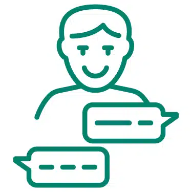 Ikonografische Person in Grün-blau mit zwei Sprechblasen, Symbol für die kostenlose Beratung für das Zuhause laden als Wohnungseigentümer