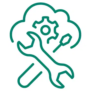 Zuhause Laden als Wohnungseigentümer: Ikonografisches Schraubenschlüssel, Schraubenzieher und Zahnrad vor einer Wolke in Grün-blau, Symbol für Planung, Materialbeschaffung und Einbau der Ladeinfrastruktur