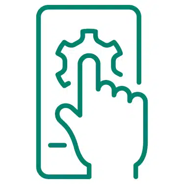 Zuhause Laden als Wohnungseigentümer: Ikonografisches Mobiltelefon mit Zahnrad und einer Hand mit ausgestrecktem Index-Finger in Grün-blau, Symbol für die Einrichtung und Inbetriebnahme der Wallboxen samt digitaler Verwaltung